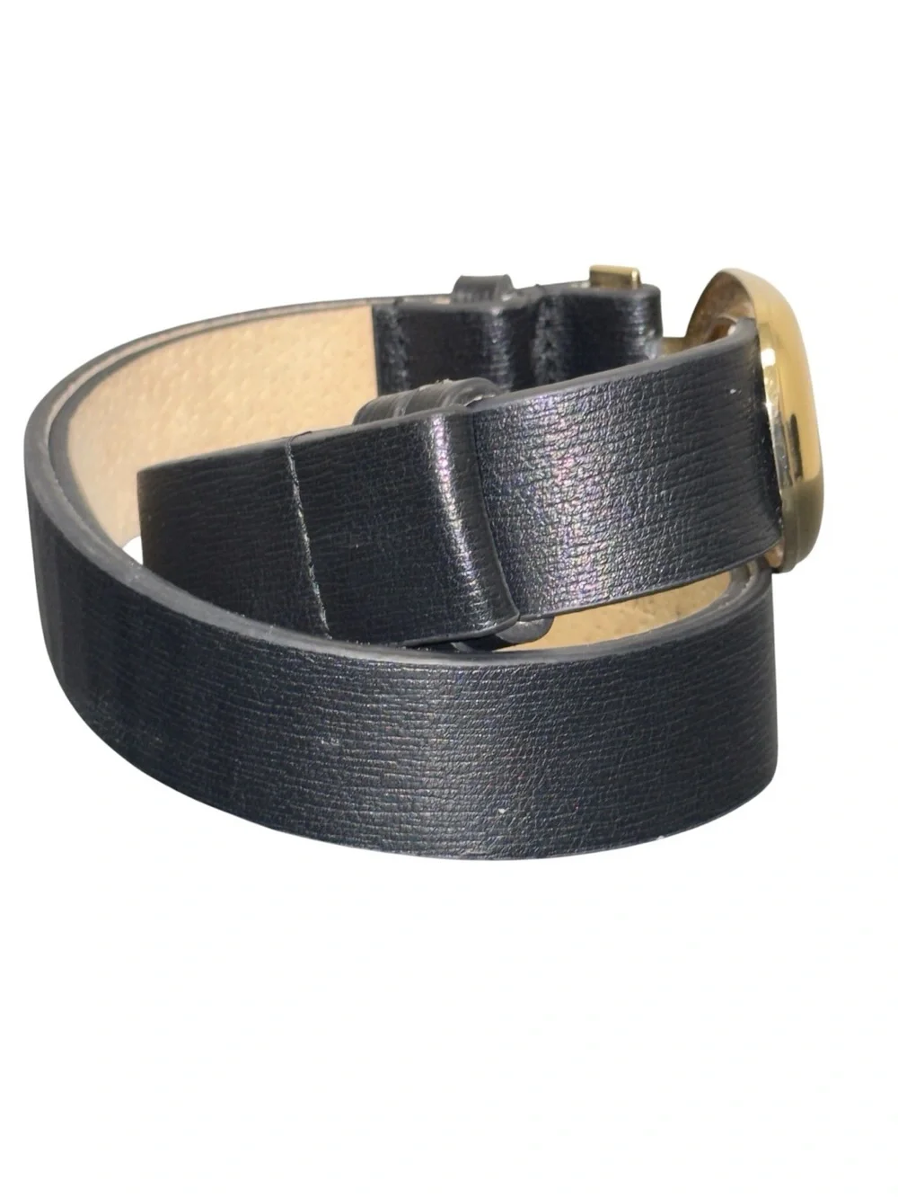 Chico’s Black Genuine Leather Belt M/L Adjustable Gold Statement Buckle